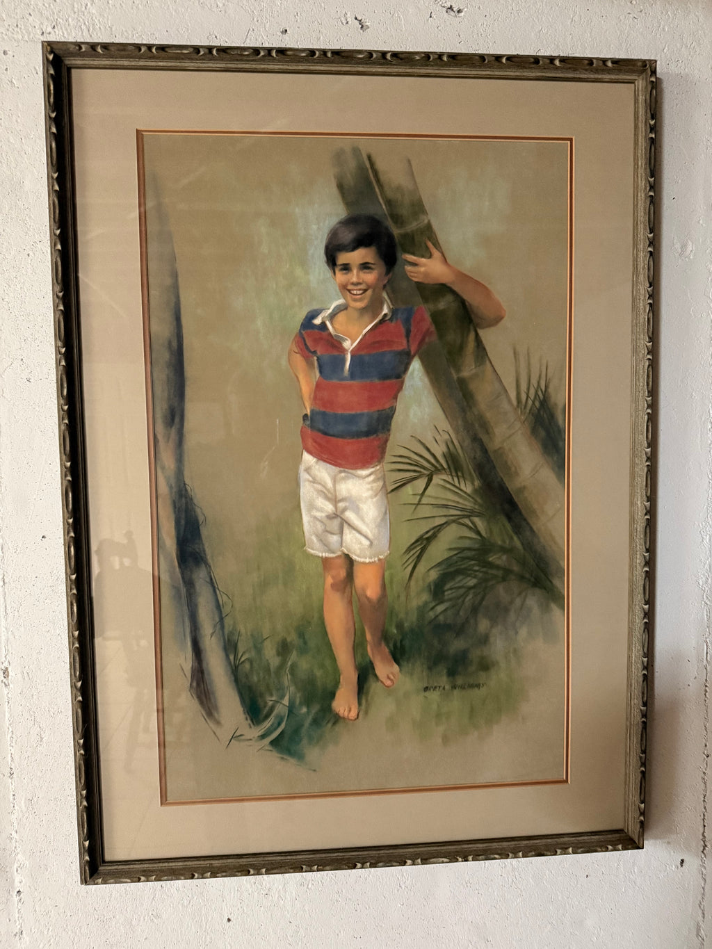 Framed and matted chalk portrait of a young boy, 40 by 29 inches