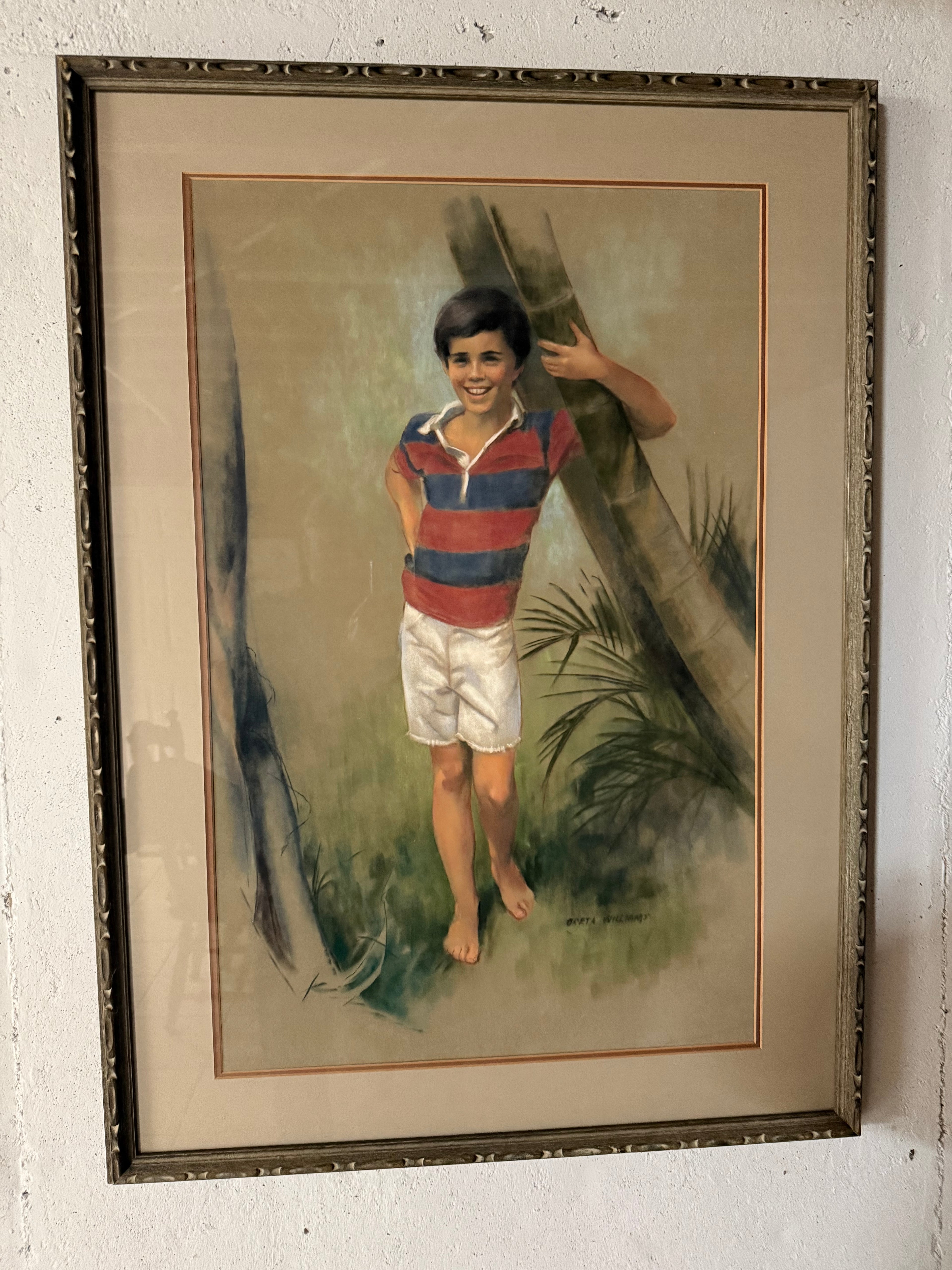 Framed and matted chalk portrait of a young boy, 40 by 29 inches