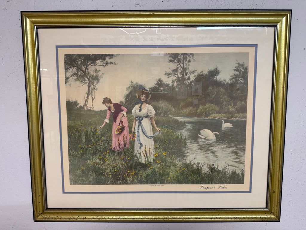 Fragrant Fields hand-colored print framed in gold and black with cream and robin-egg-blue matting