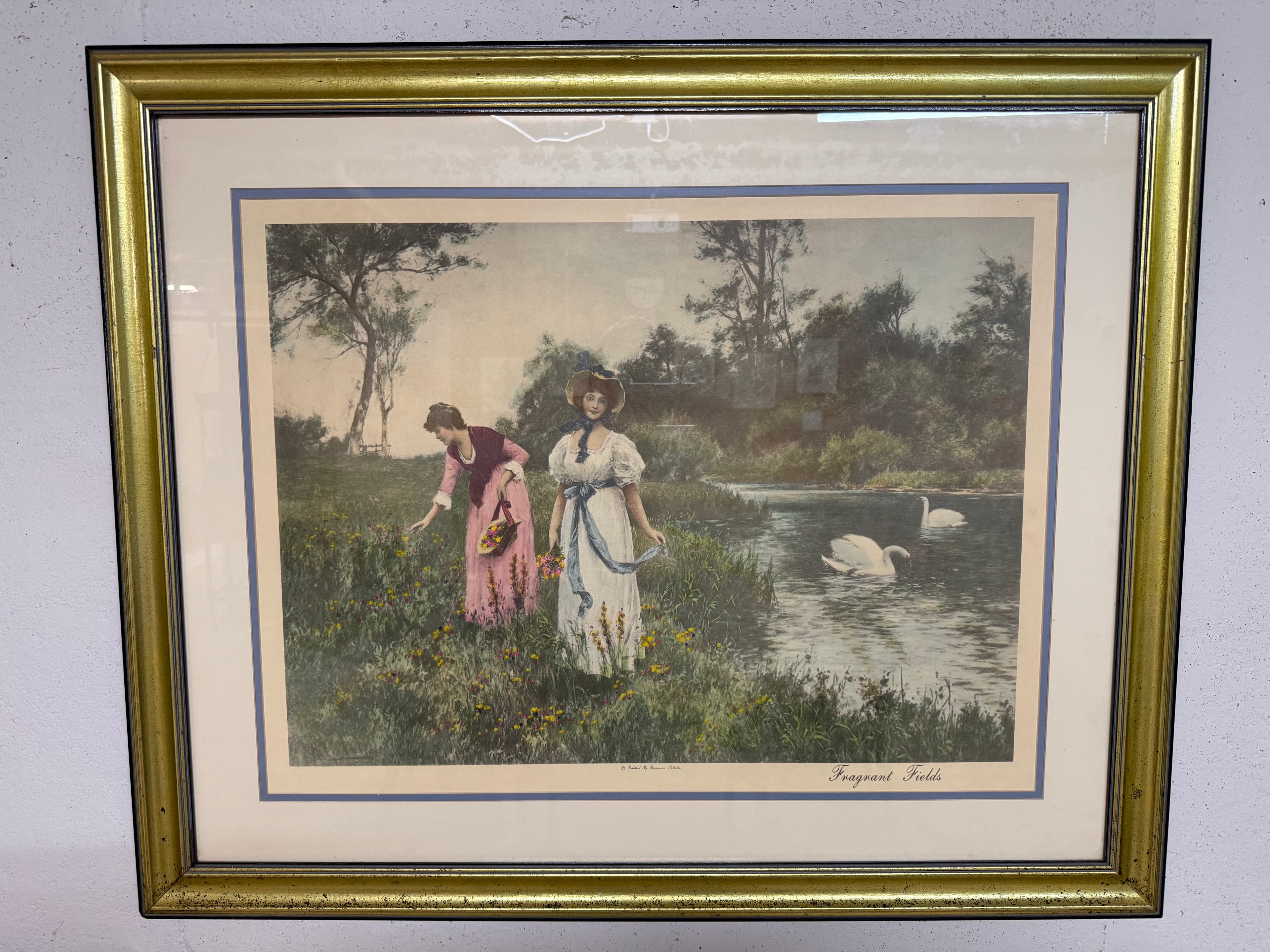 Fragrant Fields hand-colored print framed in gold and black with cream and robin-egg-blue matting
