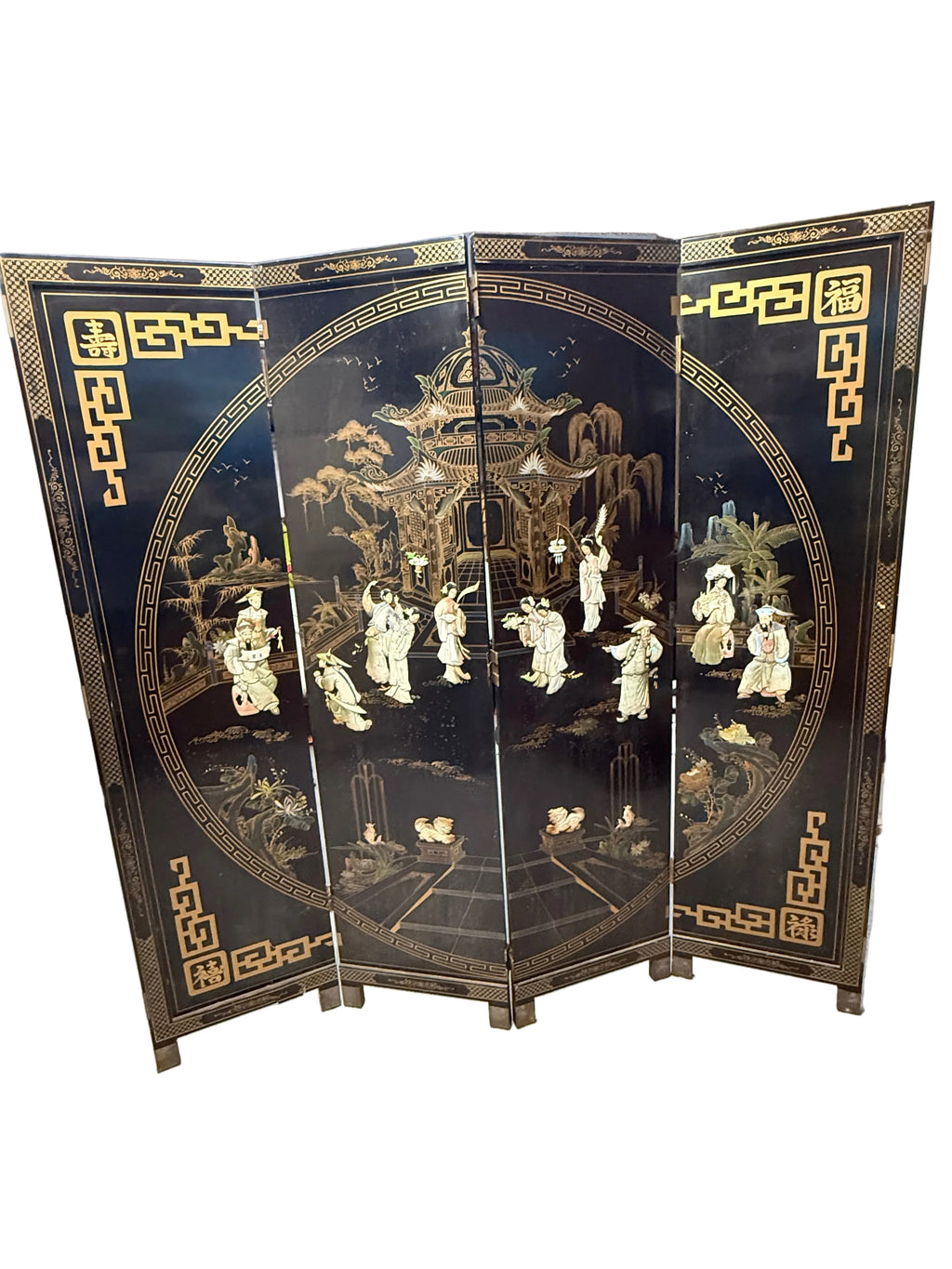 Black lacquer Asian folding screen room divider with soapstone inlays, 6 by 6 feet