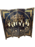 Black lacquer Asian folding screen room divider with soapstone inlays, 6 by 6 feet