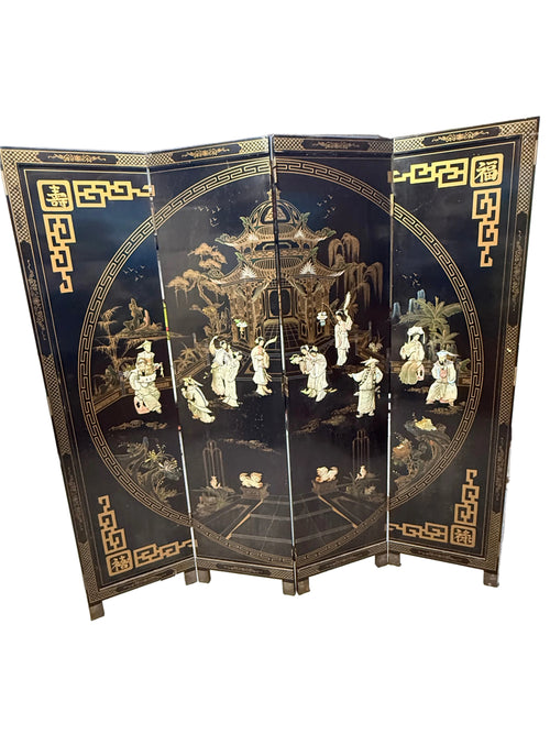Black lacquer Asian folding screen room divider with soapstone inlays, 6 by 6 feet