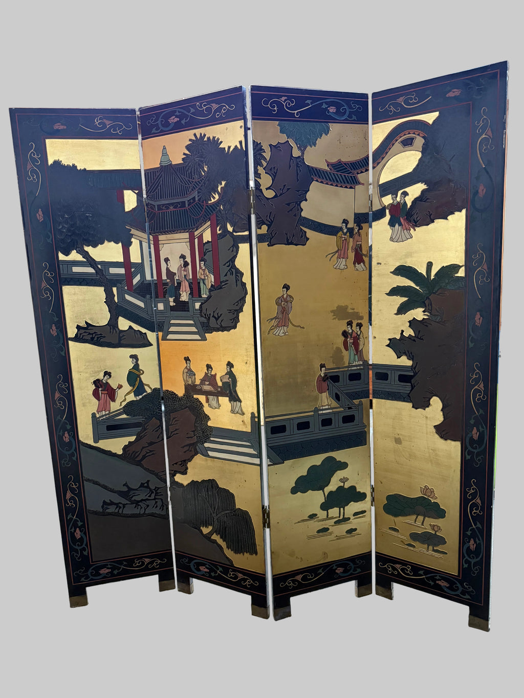 Vintage Asian folding room divider screen, 6 feet by 64 inches