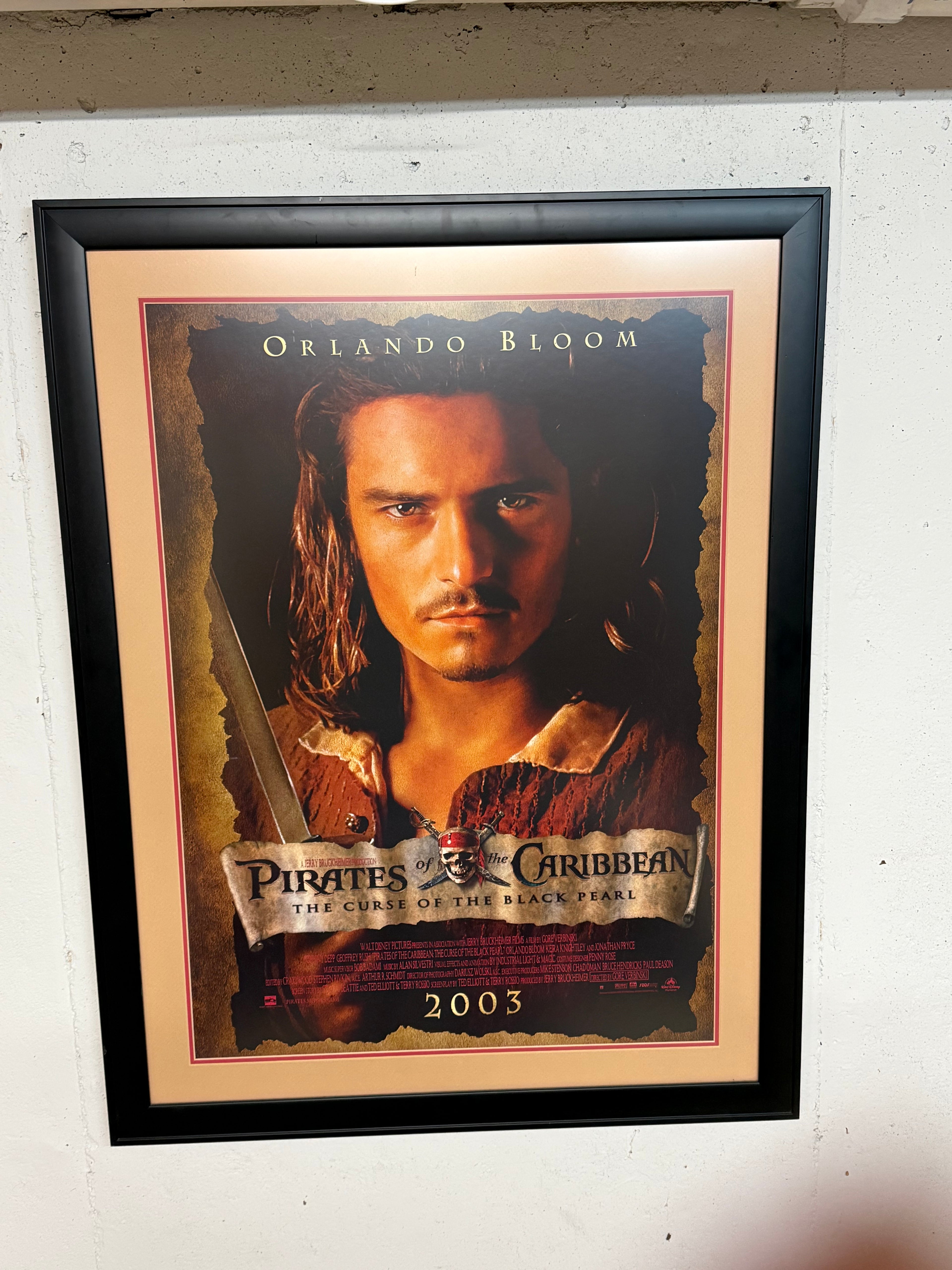 Pirates of the Caribbean 2003 framed movie poster with Orlando Bloom, 33.5 by 43.5 inches