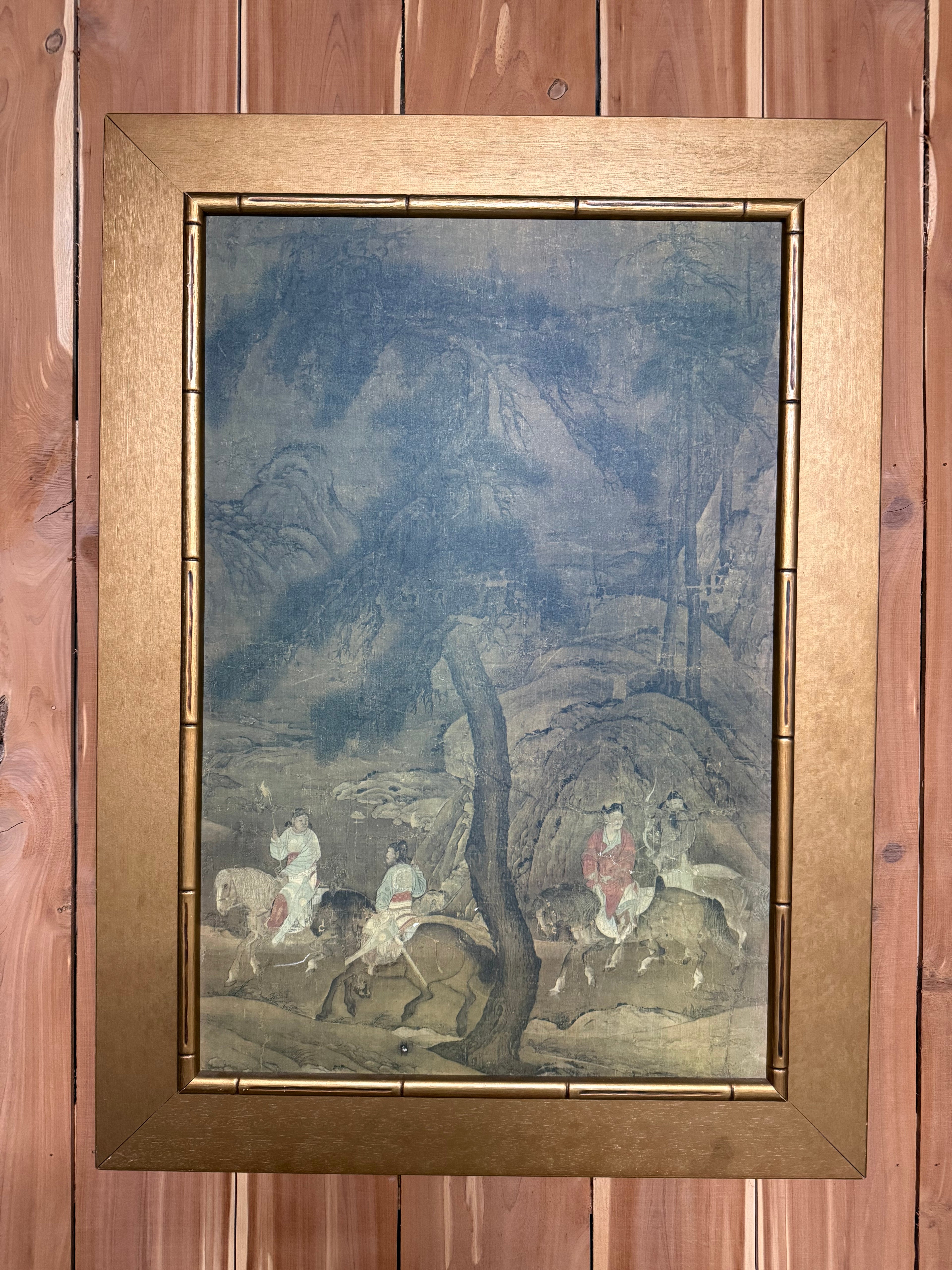 Asian art print in ornate gold-leaf frame, 26 by 35 inches