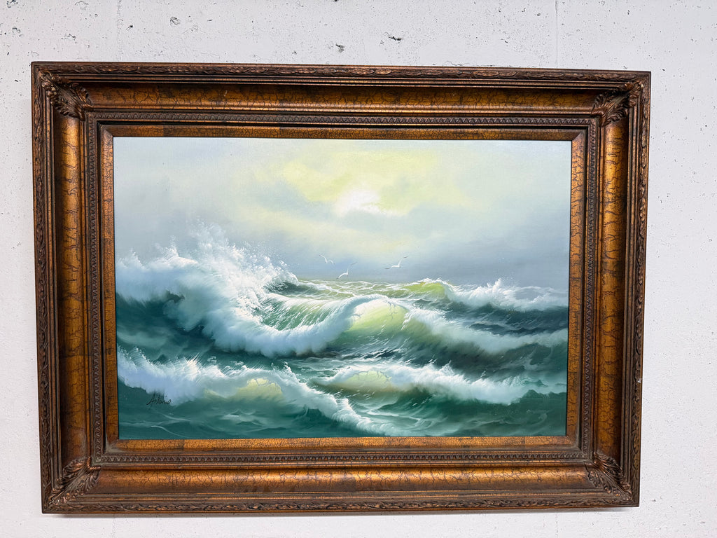 Ocean Waves oil on canvas painting in wide gold-leaf frame