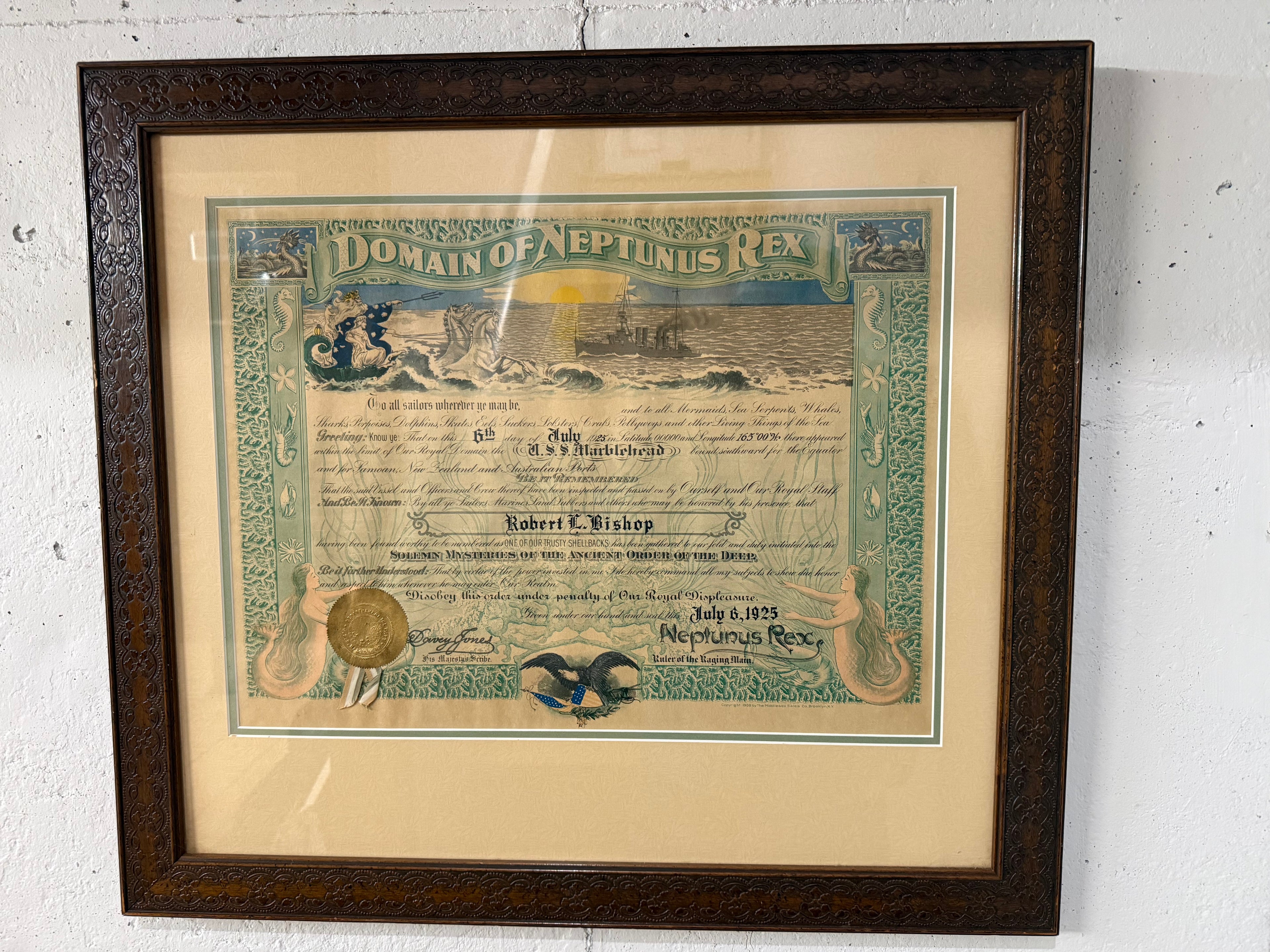 Matted and framed nautical art depicting Domain of Neptune's Rex equator crossing July 6 1925