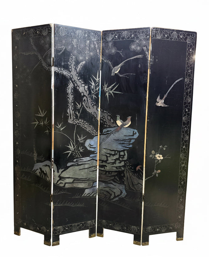 Vintage Asian folding room divider screen, 6 feet tall by 64 inches wide