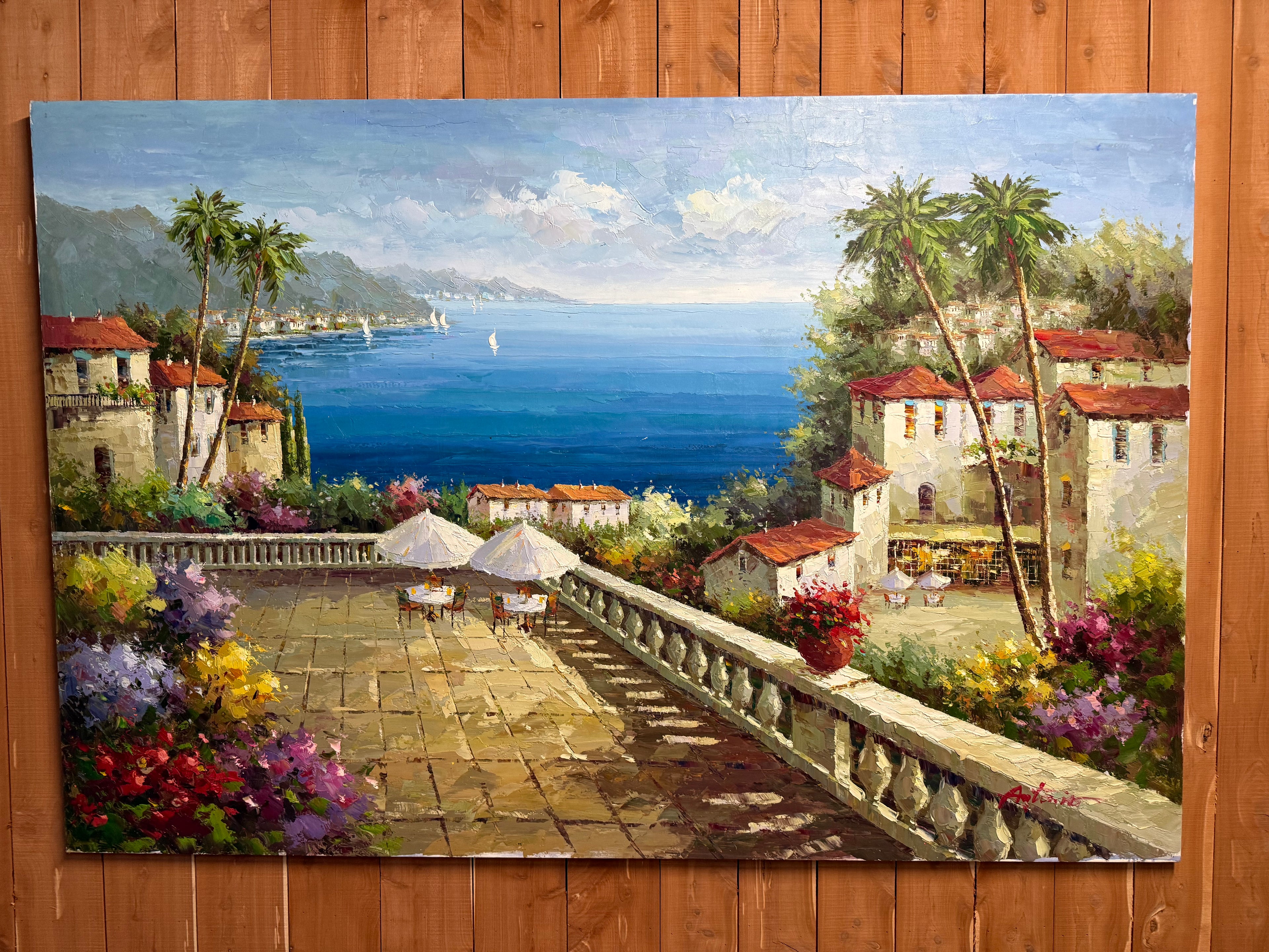 Large unframed Italian Mediterranean-inspired oil on canvas painting, 6 by 4 feet