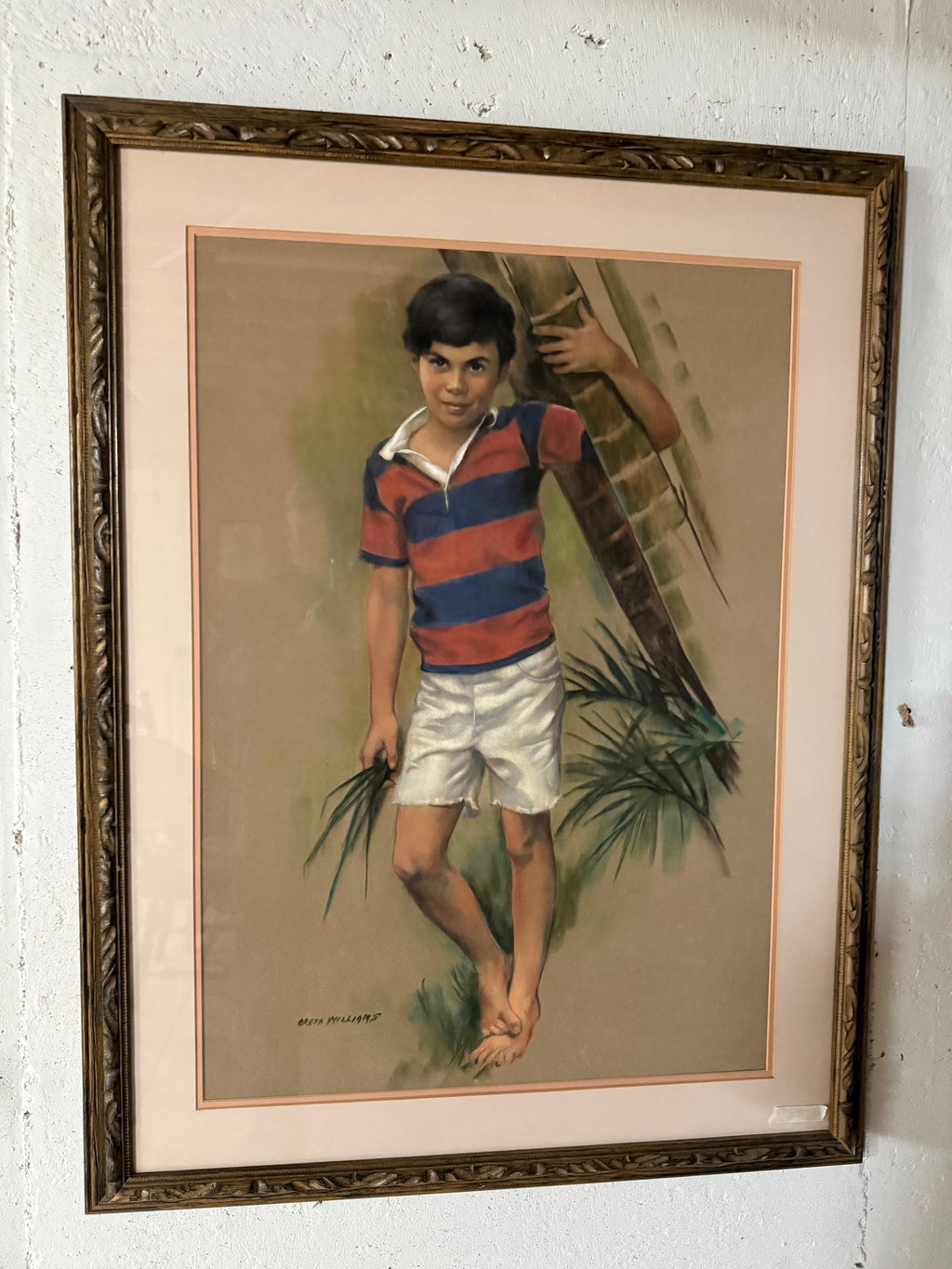 Framed and matted chalk portrait of a young boy, 43 by 33 inches