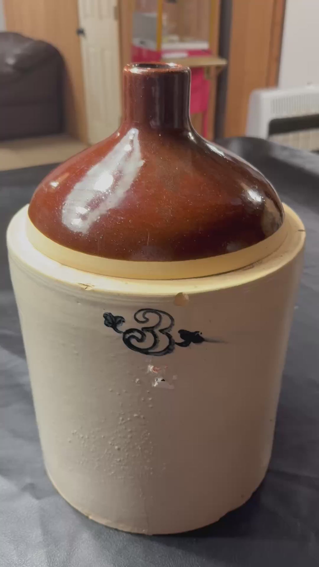 Antique stoneware #3 whiskey jug with glazed finish